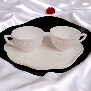 VTG  Indiana White Milk Glass  Harvest Pattern Grape Motif Snack Luncheon Set